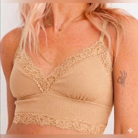 aerie Other - Aerie Ribbed Eyelash Lace Trim Longline Bralette, Tan, Size Medium